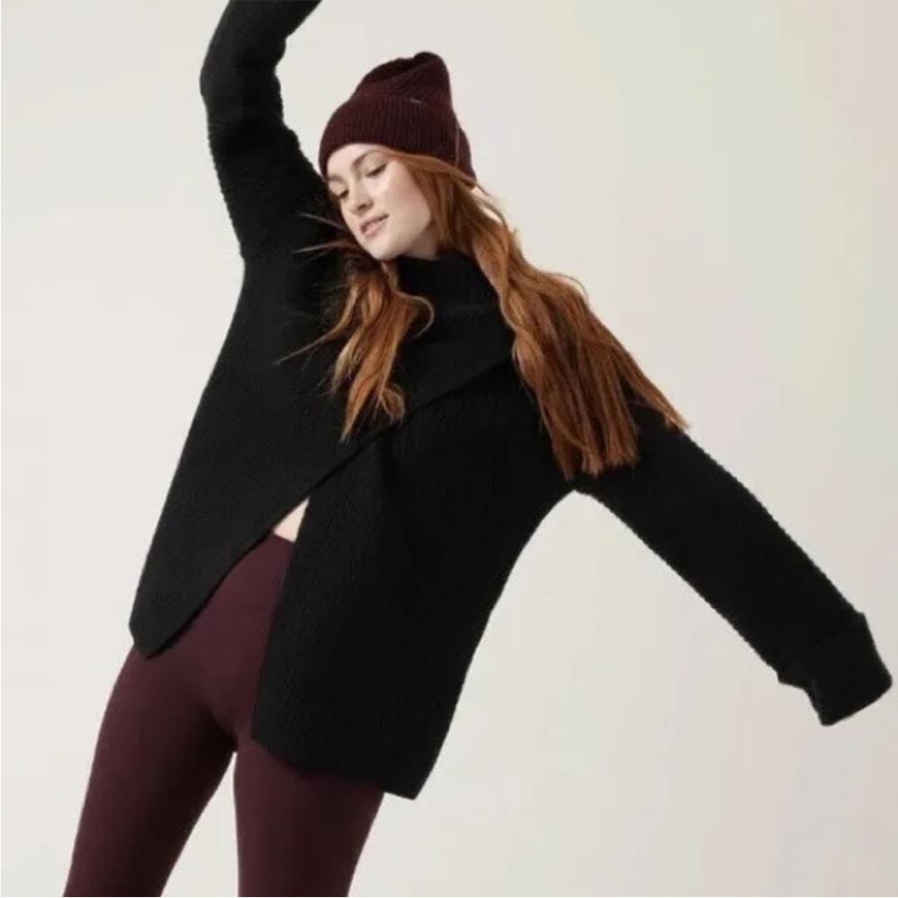 Athleta Black Merino Wool Cashmere Cowl Neck Split Front Sweater Oversized M - Picture 2 of 16